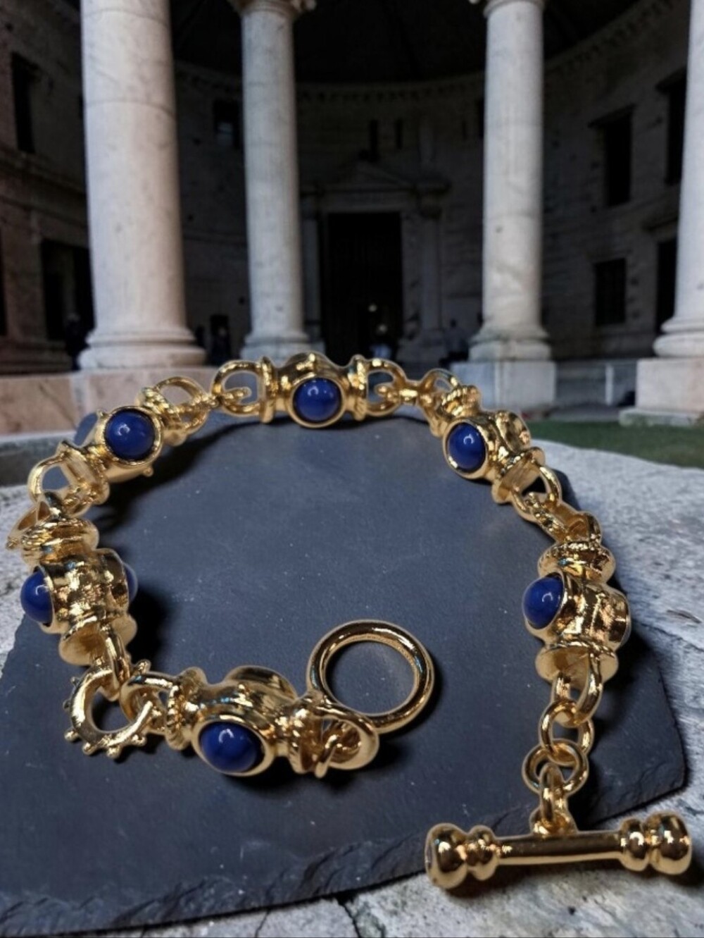 18k Matte Gold Plated Byzantine Revival Lapis Lazuli Cabochon Toggle Bracelet
